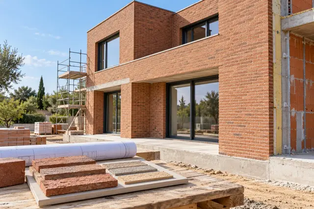 Casa contemporánea en construcción con fachada de ladrillo visto y muestras de ladrillo y mortero en primer término