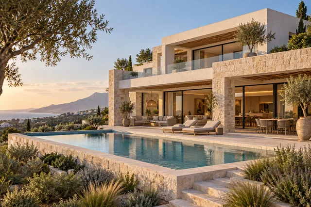Villa contemporánea de inspiración con piedra clara, porches y piscina; imagen generada con IA
