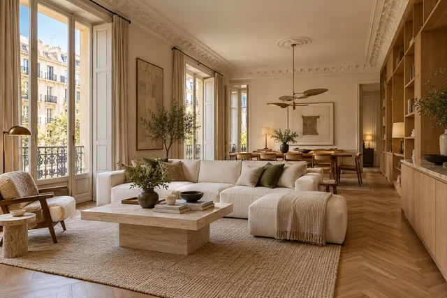 Interior de inspiración con carpintería a medida, parquet y molduras; imagen generada con IA