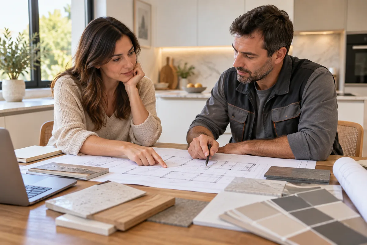 Cliente y constructor revisando los planos y materiales de una reforma; imagen ilustrativa