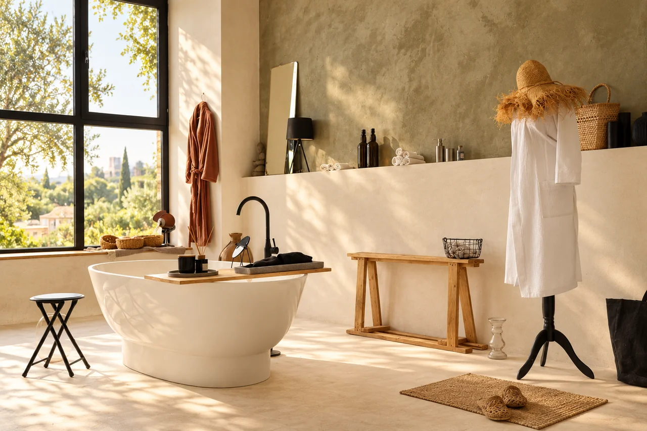 Baño con bañera exenta, pared verde oliva, madera cálida y luz de tarde