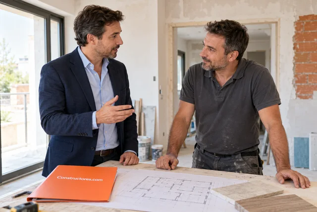 Delegado comercial conversando con un responsable de reformas en una vivienda; imagen ilustrativa