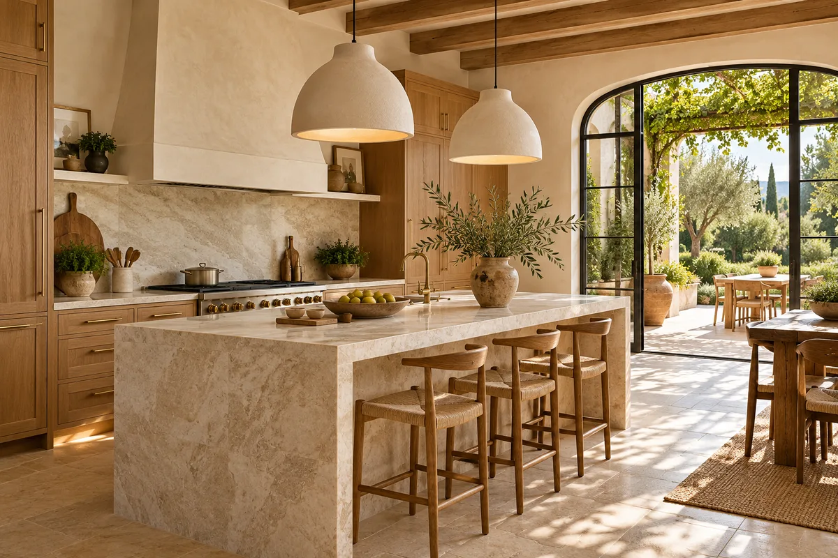 Inspiración de cocina reformada con muebles de roble, encimera clara e isla central