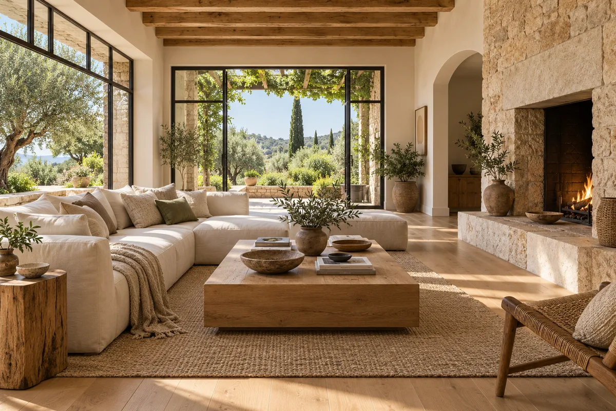 Inspiración de salón de piso reformado con suelo de roble, balcones y sofá de lino
