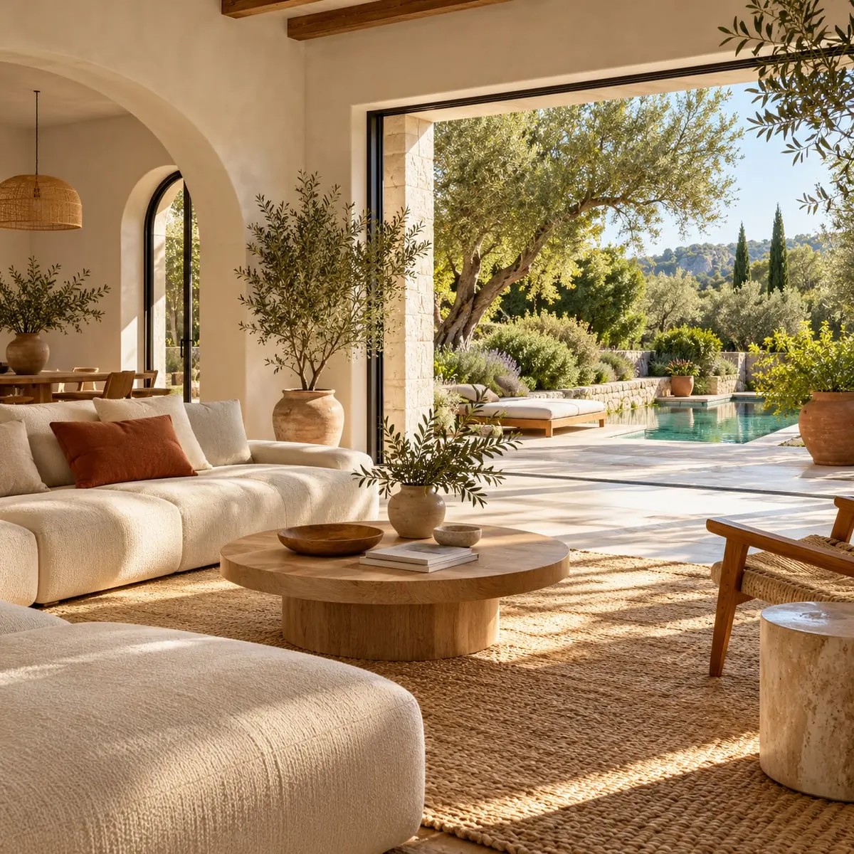 Salón mediterráneo luminoso abierto a un jardín con piscina, madera y piedra natural
